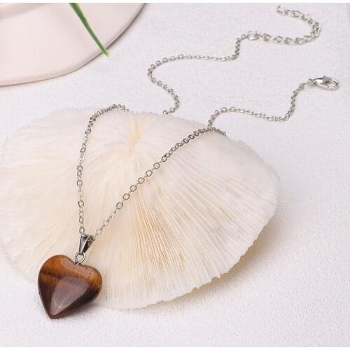 Natural Stone Pendant Heart Shape Natural Stone Tiger Eyes Necklace Quality Stainless Steel Necklace Jewelry