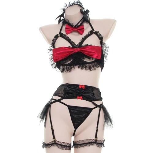 Lolita Sweet Sexy Satin Lingerie Set Women Gothic Black Red Lace Anime Cosplay Costumes Japanese Cute Ladies Hollow Maid Outfit