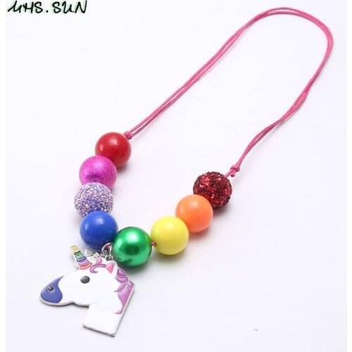 MHS.SUN Necklace For Girls Kids Cartoon Unicorn Pendant Necklace Chunky Bubblegum Beads Necklace adjustable Jewelry Rope Choker