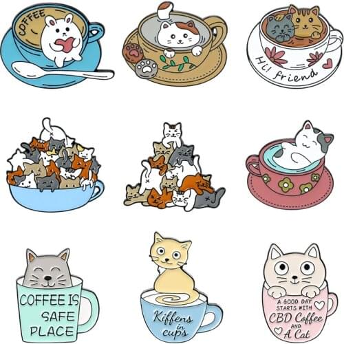 Meow cup cat Enamel Brooch Kittens rush for food Stack height Lapel Pin Coffee cup cat Good friend jewelry cute animal Badge