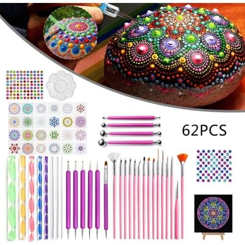 62Pcs Mandala Dotting Tools for Painting Rock Stones Stencil Template Acrylic Stick Brush Pen Gem Sticker Palette Easel Kit