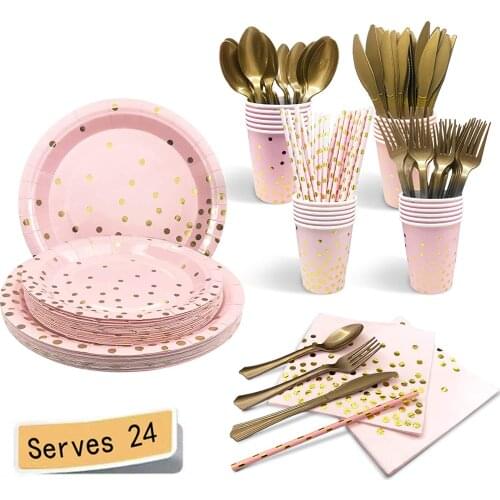 Party Pink Gold Tableware Supplies Disposable Dinnerware Sets, Golden Dot Paper Plates for Graduation Birthday Holiday Wedding