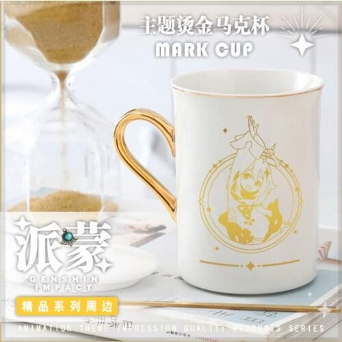 NEW Game Genshin Impact Paimon Theme Ceramic Coffee Water Mug Cup Gold Stamping Spoon + Cup + Lid Fashion Unisex Xmas Gifts