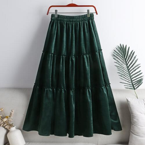 Autumn Winter Velvet Warm Boho Maxi Long Skirts Patchwork A-line Flared Solid Pleuche Ankle Long Skirts Blue Green Coffee