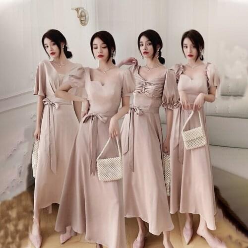 Bridesmaids Dresses Vintage V-Neck Button Pleat A-Line Jersey Short Bow Floor-Length Luxury Pink Women Wedding Party Gown E392