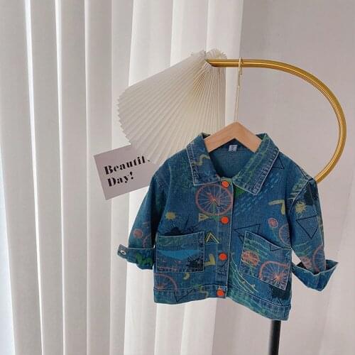 Casual Autumn Outfits Girls Jeans Coats Jackets Children Kids Baby Printed Denim Outwear Casaco ADK279