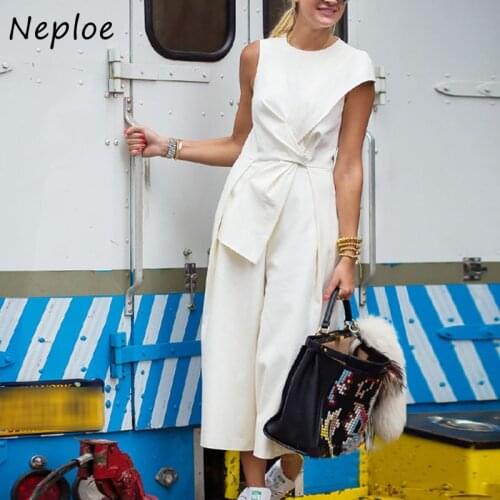 Neploe Casual Solid Women Jumpsuit Fashion O-neck Sleeveless Fold Slim Waist Bodysuits 2021 Summer New Female Calf-length Pants