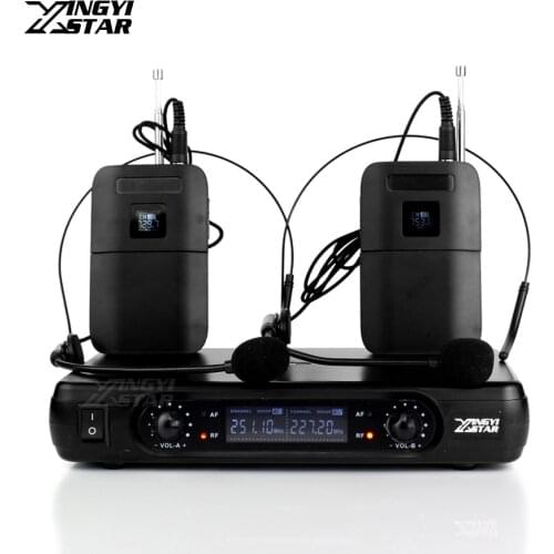 Professional Wireless Headset Microphone Karaoke System Dual Channel LCD Receiver For Cordless Headworn Mic Bodypack Transmitter