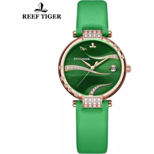 Reef Tiger/ RT Elegant Diamonds Automatic Mechanical Women Leather Band Rose Gold Case Stainless Steel Luxury Ladies Watches