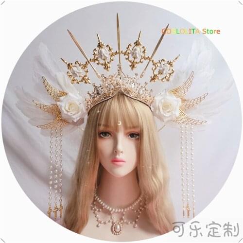 Lolita Apollo Angel Feather Wings Virgin Sun Halo Crown Tassel Bead Chain Vintage Mary Baroque Tiara Headwear Tiaras Headband