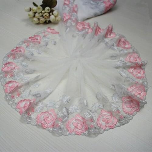 20cm 7.87" (3yards/lot) Embroidered Tulle Lace Trim in Pink,Mesh Lace Doll ,Dress Fabic