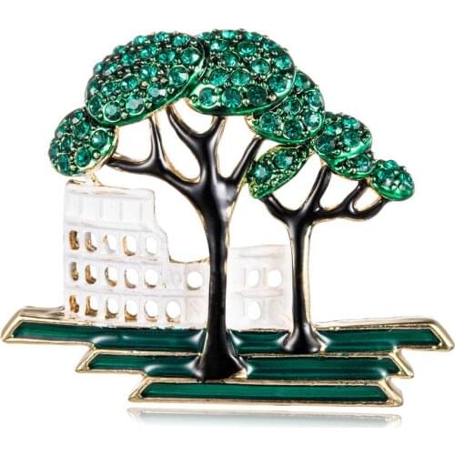 Unique Enamel Building Brooch Blue Crystal Big Tree Brooches Pin for Women Clothing Ornament Jewelry Accessories AL488