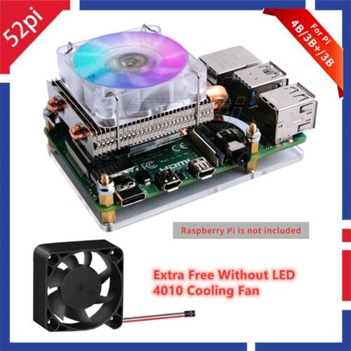 52Pi Low-Profile Ice Tower Cooling Fan Metal Case 7 Colors RGB Changing LED Light with Bracket for Raspberry Pi 4 B / 3B+ / 3B