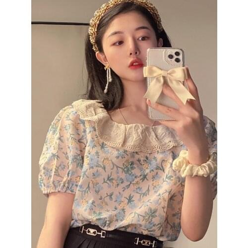 Women Tops French Ruffled Floral Blouse, Summer New Design, Niche Sense of Sweetness, Puff Sleeve Short Shirt, Women