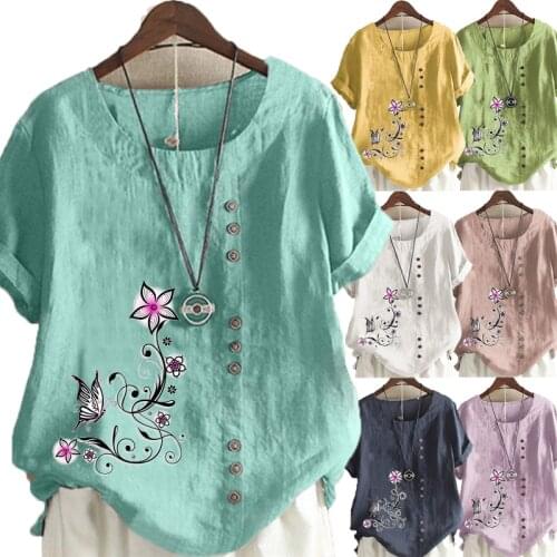 11 Colors Lady Summer New Fashion Casual Print Loose T-shirts Vintage O-Neck Plus Size Short Sleeve Blouse Tops For Women S-5XL