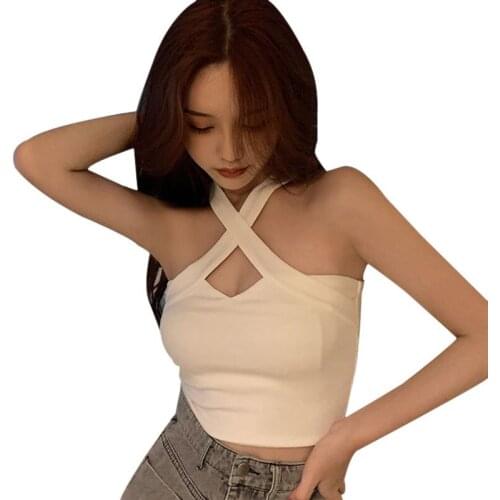 Women Strap Wrapped Chest Shirt Top 2020 Korean Style Solid Cross Neck Slim Sexy Camisole Vest Tops