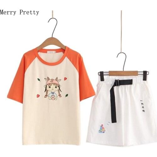 Women Casual Pant Sets Hight Waist Cartoon Embroidery Shorts With Sashes And Graphic Cotton T Shirts 2021 Summer 2 Piece Set