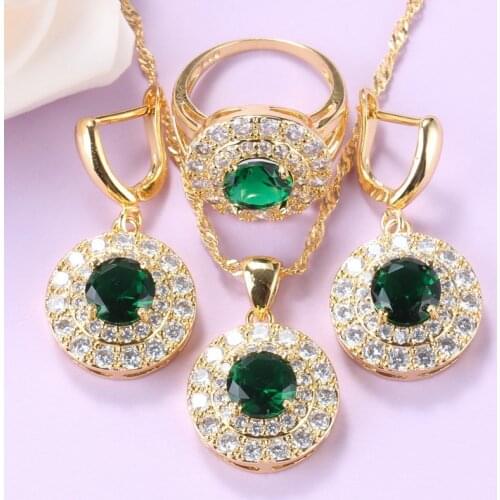 Round Gold Plated Jewelry Set Green Cubic Zirconia Dubai Bridal Jewellery Dangle Earrings And Necklace Pendant Ring Women Sets