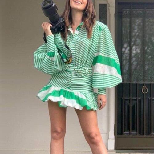 High Quality 2020 Women Lantern Sleeve Asymmetric Ruffle Stripe Print Mini Dress with Sash Green