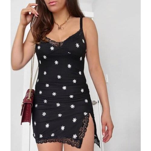 Daisy Print Sexy Sleeveless V-Neck Spaghetti Strap Bodycon Dress Women Lace Edge Split Summer Mini Dresses Streetwear Vestidos