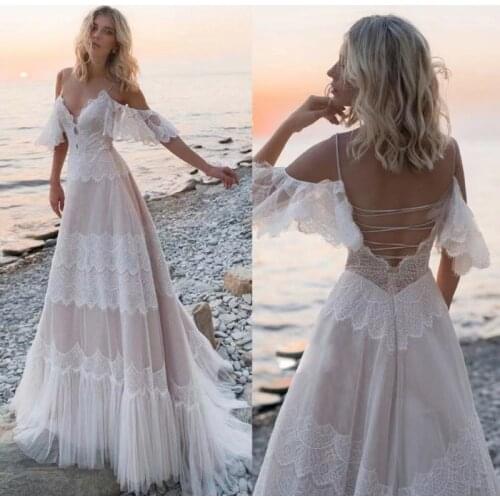 Spaghetti Strap Flare Sleeve A-Line V-Neck Sweep Train Bohemian Beach Lace Wedding Dress Bride Gown Vestidos De Novia