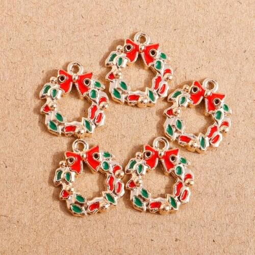 10pcs 15*17mm Alloy Enamel Christmas Bowknot Circle Charms for Making Cute Earrings Pendants Necklaces Bracelets Jewelry Finding