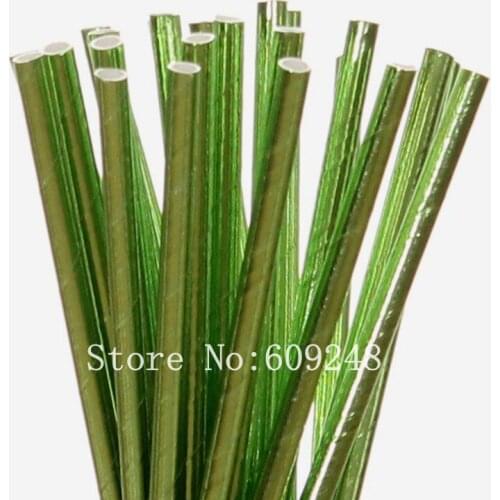 100pcs Metallic Plain Green Foil Paper Straws,Solid Pure Color Rustic Wedding Spring Garden Jungle Party,Lime Mason Jar Bulk