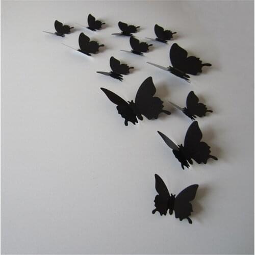 12pcs/bag 3D Butterfly Wall Stickers 3 Sizes PVC Black Butterfly Wall Decals Home Decor Wall Sticker for Kids Room