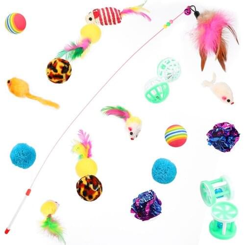 20pcs Random Color Pet Cat Training Toys Set Combination Cat Feathers Mouse Balls Roll Cylinders Entertainment Toys