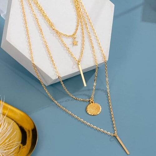 2021 Trend Fashion Necklace Multilayer Alloy Metal Disc Gold Pendant Jewelry Classic Retro Style Necklace Small Party Pendant