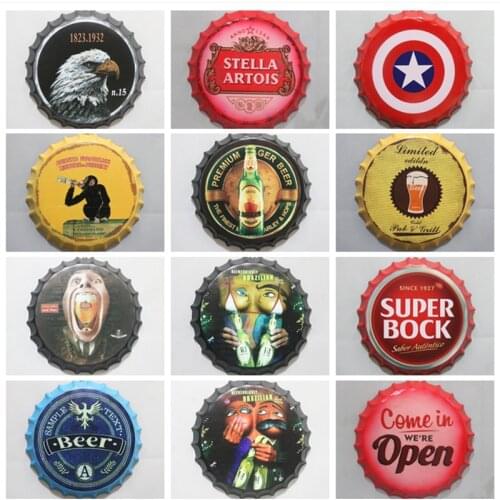 Beer Bottle Cap Vintage Plaque Metal Tin Sign Bar Pub Round Home Wall Decor Metal Art Poster Retro Wall Plaques Beer Cheer 42cm