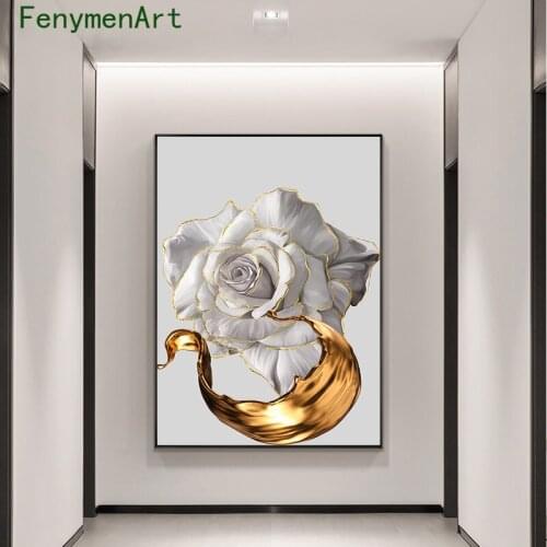 Golden Ink White Rose Canvas Painting Abstract Poster Nordic Wall Art Modern Flower Picture For Living Room Decor