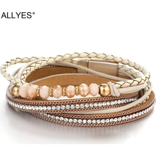 ALLYES Bohemian Leather Fashion Bracelet for Women Crystal Rhinestone Beads Multilayer Braided Wrap Bracelets Female Jewelry