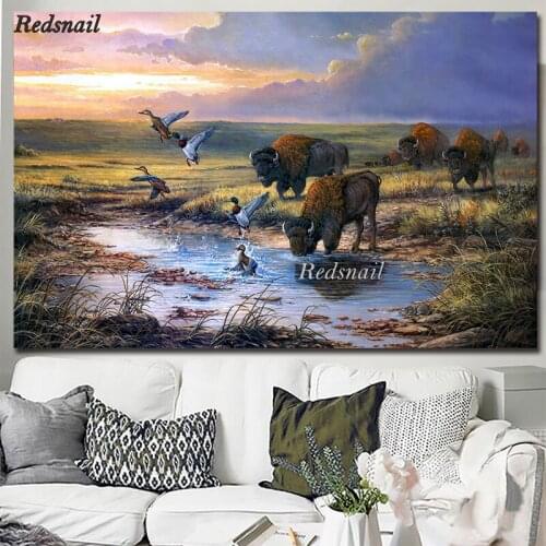 Large Cow Landscape Rivers Prairie Sunrise Buffalo 5D DIY Diamond painting Full Diamond embroidery mosaic Wall Art EE939