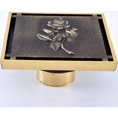 Antique Brass Vintage Carved Flower Pattern Bathroom Shower Drain 4" Square Floor Drain Waste Grates Bathroom Accessory mhr083