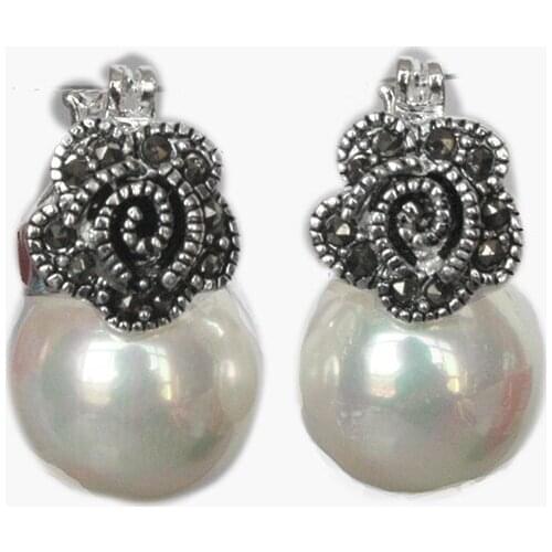 Free shipping Ladys 12mm White Shell Pearl Flower Marcasite & 925 Silver fashion Earrings