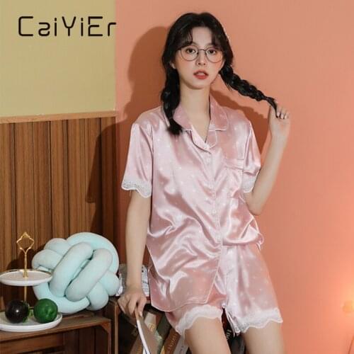 CAIYIER Summer Women Pajamas Suit Sexy New Lace Short Sleeve Sleepwear Ice Silk Satin Print Nightwear Shorts Girl Homewear M-5XL