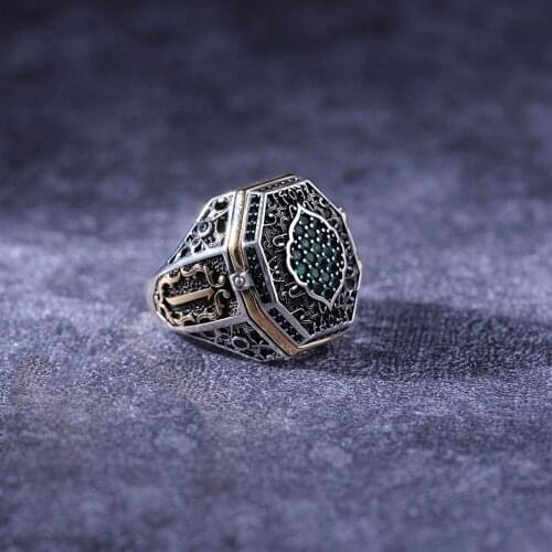 Zircon 925 Sterling Silver Gold Plate Touché Engraved Traditional Handmade Turkish Signet Ring Jewelry Gift for Women Men