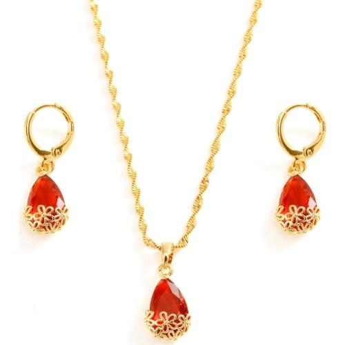 Water Drop Pendant Necklace Stud Earrings Woman 18K Yellow Gold Filled Womens Jewellery Red Crystal Jewellery Set