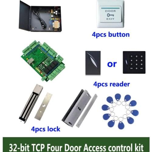 Access control kit,TCP four door access control+powercase+280kg magnetic lock+U-bracket+ID reader+button+10 ID tag,sn:kit-T407