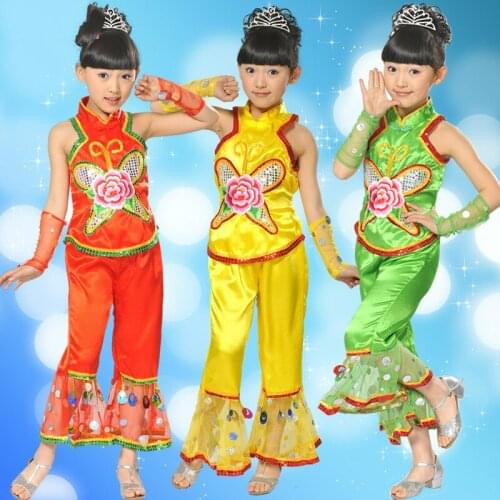 2016 New Children Chinese Folk Dance Custome Yangko Dance Costume Girls Suit 2 Pcs