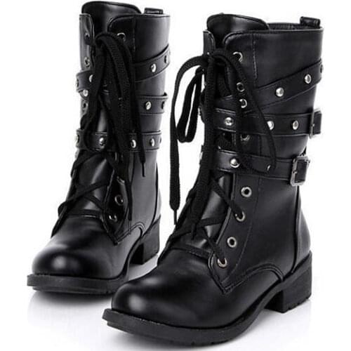 Motorcycle Boots Women Cool Goth Punk AnkleMilitary Lace-up Black