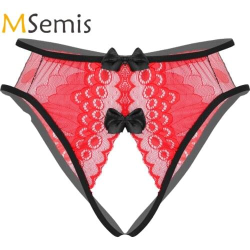 Lingerie Bowknot Decor Thongs Panties Mens Erotic Sexy Open Butt Underwear Floral Lace Crotchless Briefs Underpants Nightwear