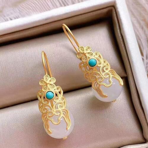 New New silver inlaid natural Hotan jade Turquoise Drop Earrings Chinese classical national style elegant womens brand jewelry