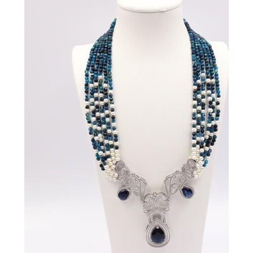 GG Jewelry 6 Strands Natural White Pearl Blue Faceted Round Agates Necklace CZ Flower Pendant Handmade For Women
