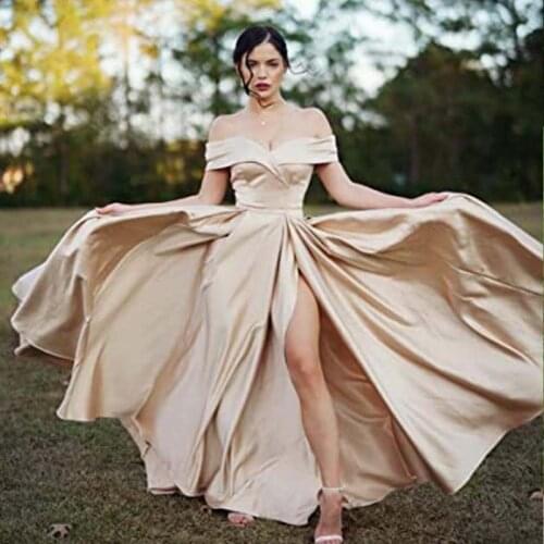 A-Line Off The Shoulder Prom Dresses Long Black Yellow Satin Split Corset Back Formal Graduation Party Gowns for Women 2020