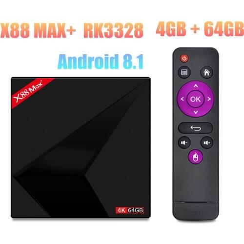 X88 Max+ Android 8.1 Smart TV Box RK3328 Quad-Core 64bit 4GB 64GB 2.4G&5GHz Dual Wifi Bluetooth 4.0 4K H.265 Smart Set TV Box