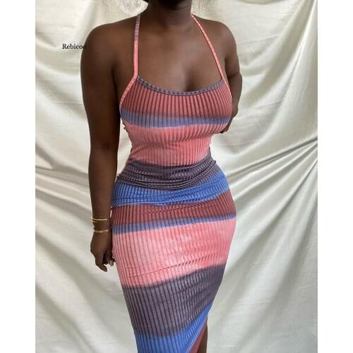 Off Shoulder Back Criss-cross Summer Dress Sexy Low Cut Sleeveless Strap Striped Bodycon Mid-length Pencil Dress