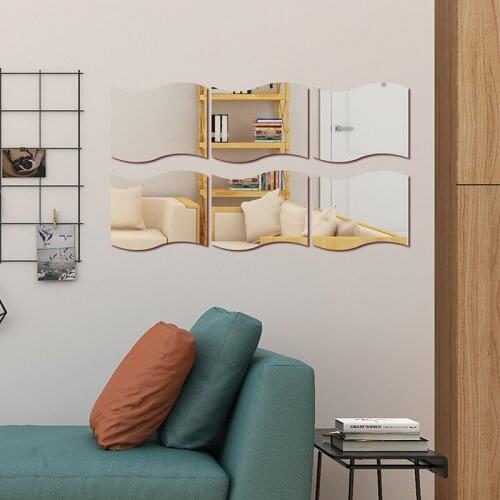 6PCS Self-Adhesive Wall Stickers Glass Mirror Wavy Edged Mosaic Plastic Mirror Sticker Decal For DIY Bathroom Wall Tile Decor