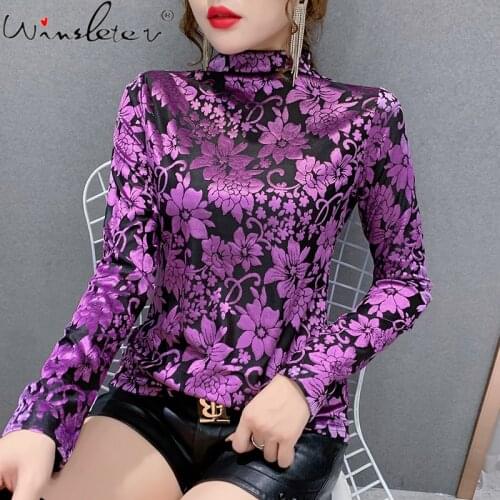 Spring Fall European Clothes T-Shirt Fashion Sexy Mock Neck Print Flower Women Tops Bottoming Shirt Long Sleeve Tees New T16405A